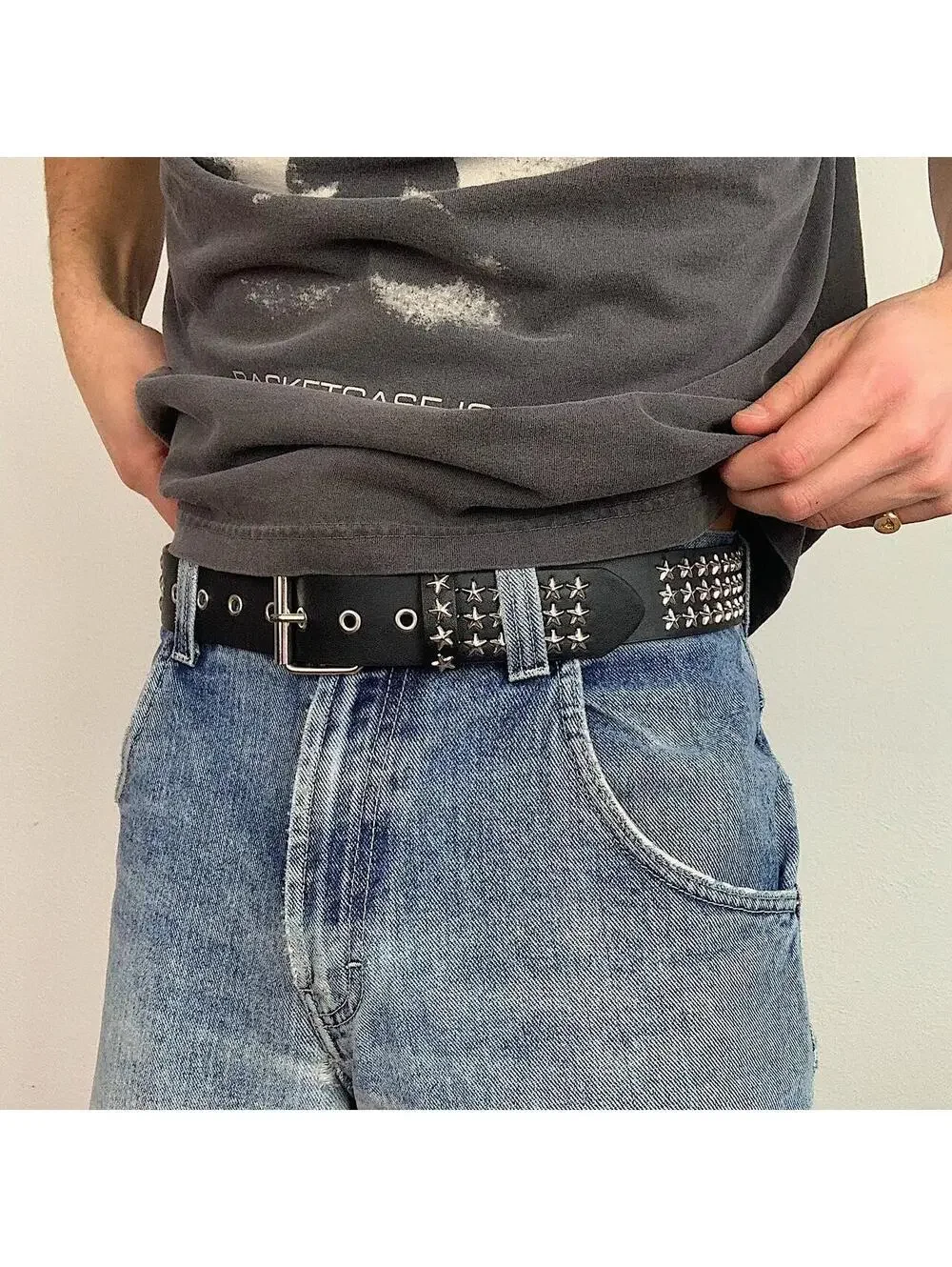 Y2K Black Silver Star Studded Belt